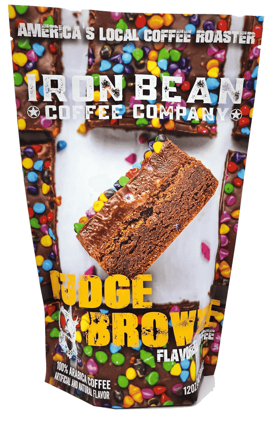 Fudge brownie flavored coffee bag, Iron Bean Coffee Company, colorful sprinkle design