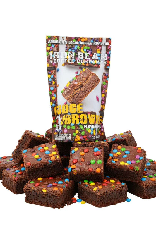 Fudge brownie flavored coffee bag with brownie pieces and colorful candy-coated bits