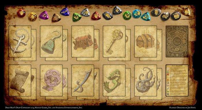 Neoprene game playmat with fantasy rune card designs and game tokens