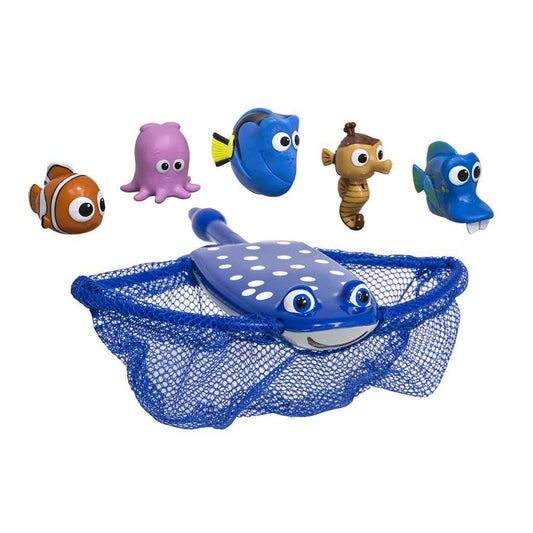 Blue whale-shaped dive and catch game toy with mesh net and five character figures