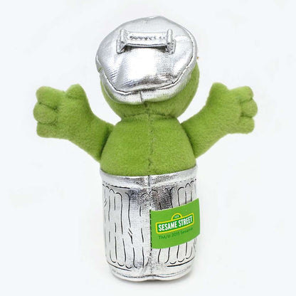 Oscar the Grouch plush beanbag, back view showing silver cap and trash can