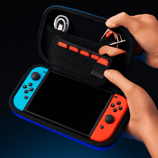 Nintendo Switch carry case open, EVA hard shell with microfiber storage and game card slots