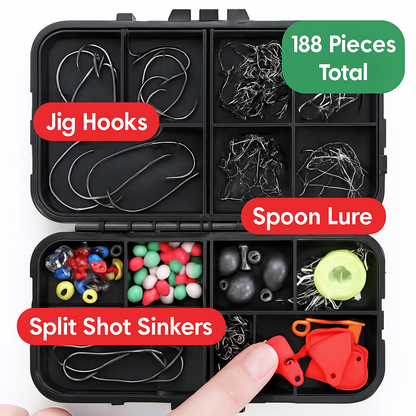 188-Piece Fishing Kit | Jig Hooks, Weights, Spoons & Swivels | Tackle Box | LakeForest