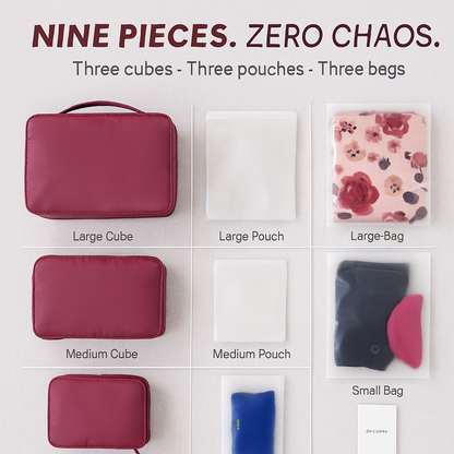 9-Piece Packing Cube Set | Water-Resistant | Mesh Top | Two-Way Zippers | 8 Colors