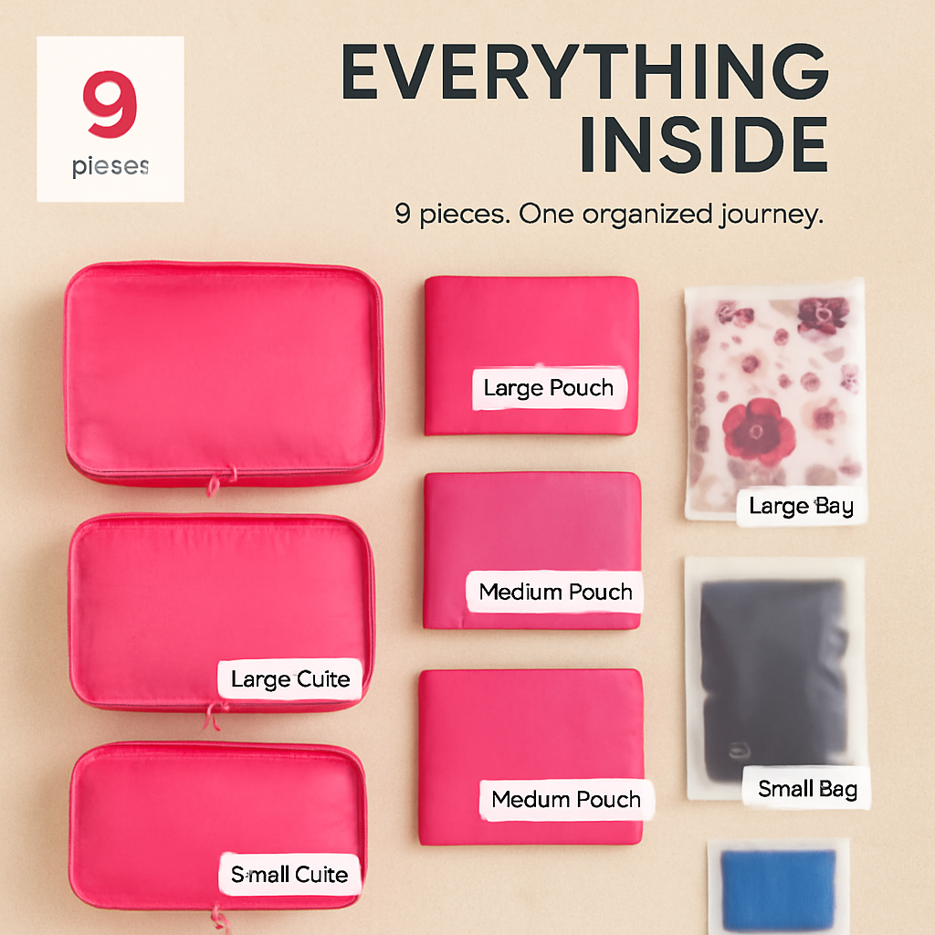 9-Piece Packing Cube Set | Water-Resistant | Mesh Top | Two-Way Zippers | 8 Colors