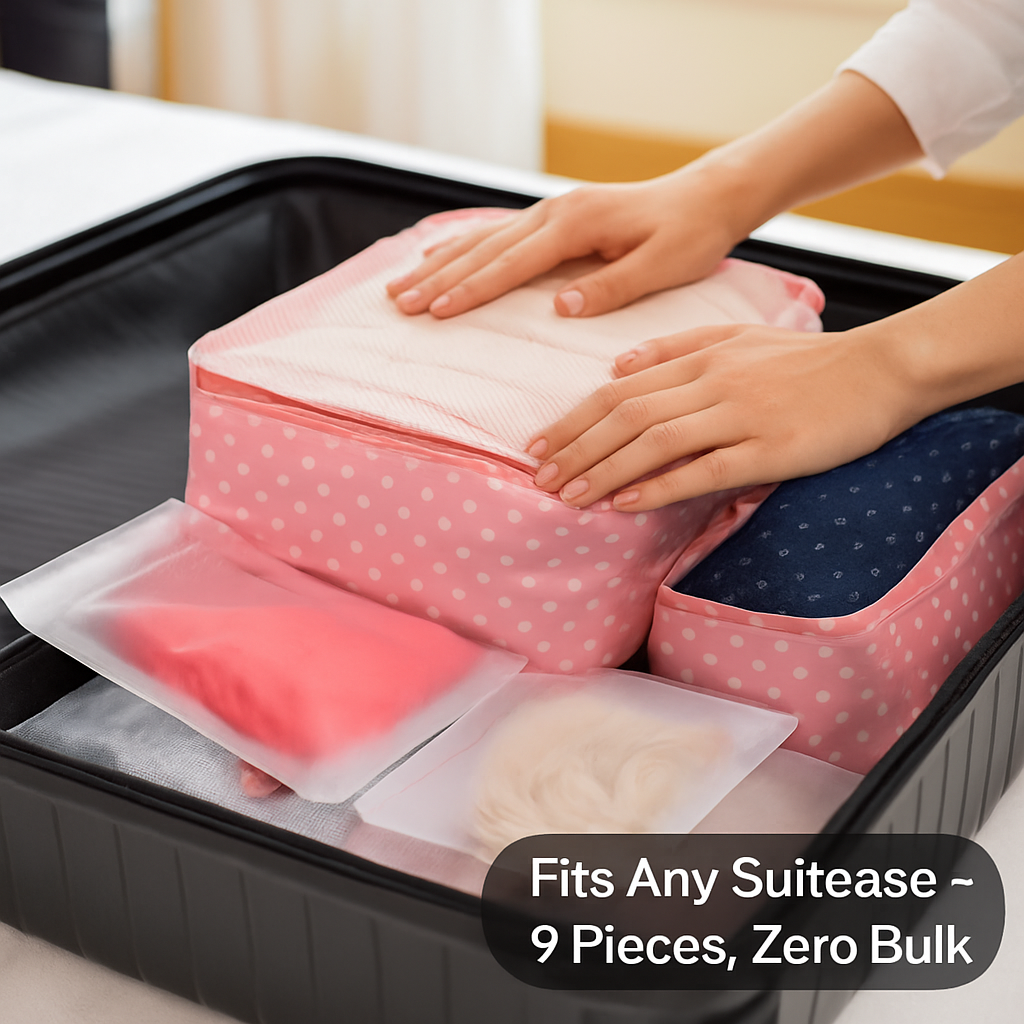 9-Piece Packing Cube Set | Water-Resistant | Mesh Top | Two-Way Zippers | 8 Colors