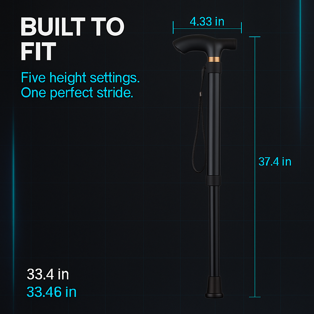 Folding Walking Cane | 4-Section | 5 Height Settings 33–37" | Slip-Resistant Tip | Wrist Strap | Red or Black