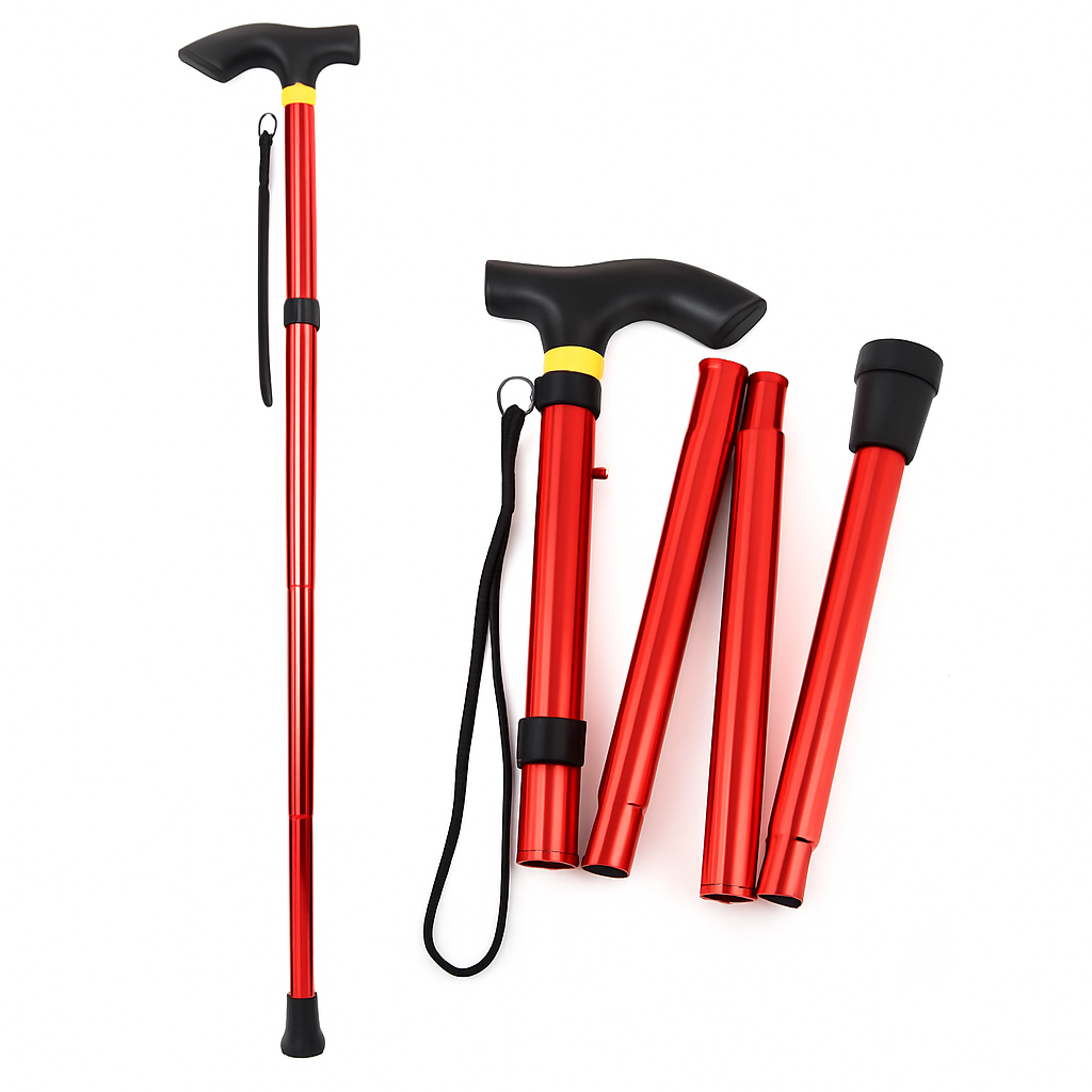 Folding Walking Cane | 4-Section | 5 Height Settings 33–37" | Slip-Resistant Tip | Wrist Strap | Red or Black