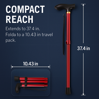 Folding Walking Cane | 4-Section | 5 Height Settings 33–37" | Slip-Resistant Tip | Wrist Strap | Red or Black