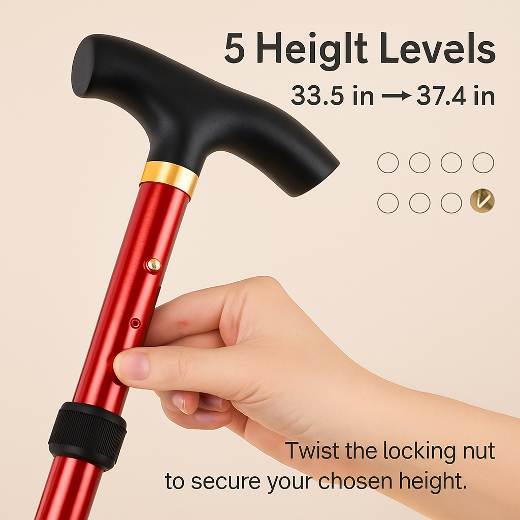 Folding Walking Cane | 4-Section | 5 Height Settings 33–37" | Slip-Resistant Tip | Wrist Strap | Red or Black