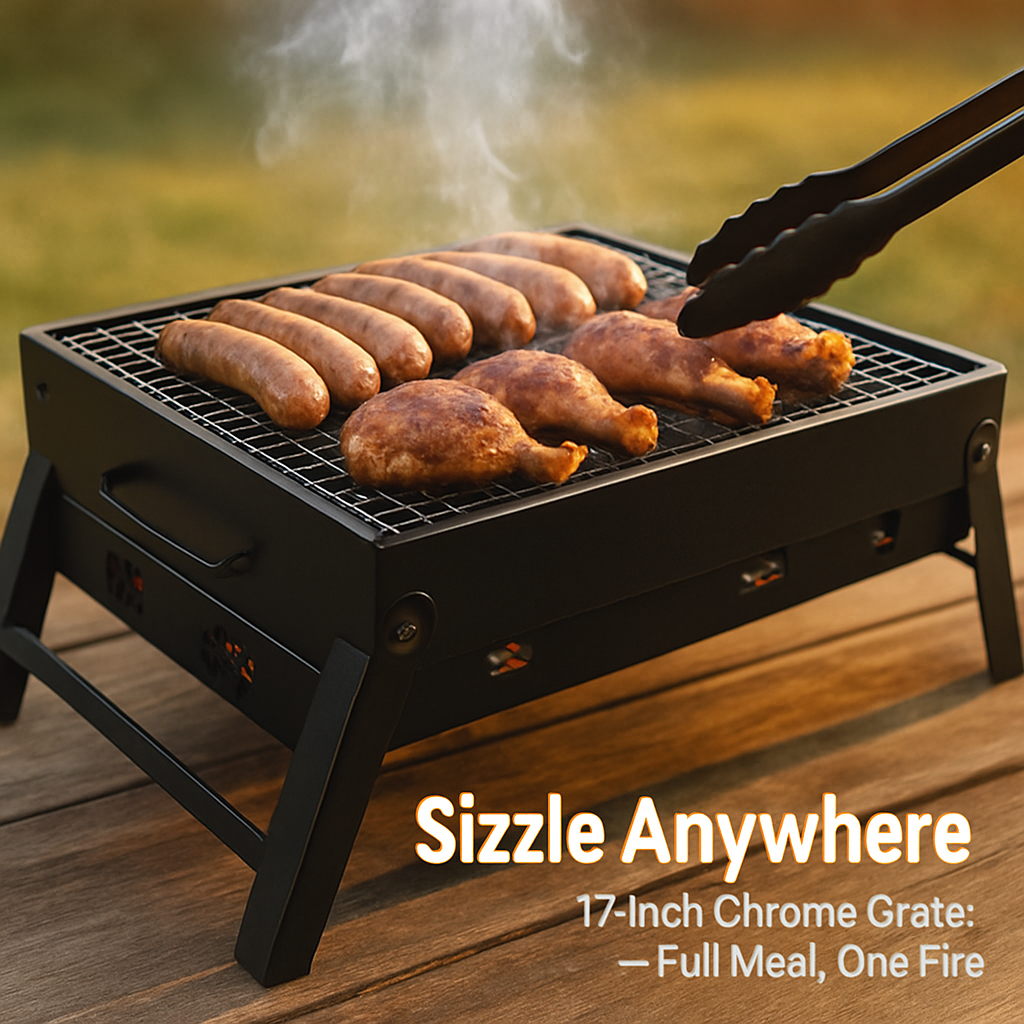 Portable Foldable Charcoal BBQ Grill – 17.7 x 11 in., Serves 4–6