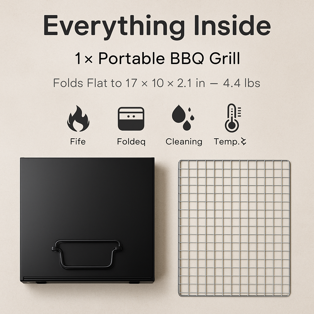 Portable Foldable Charcoal BBQ Grill – 17.7 x 11 in., Serves 4–6