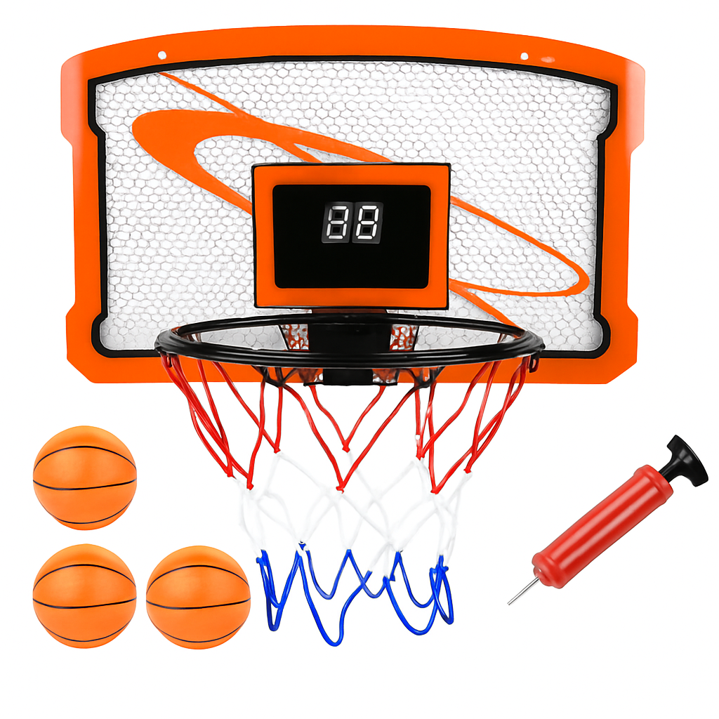 Indoor Door Mini Basketball Hoop Set | Electronic Scorer | 4 Balls | No-Drill | iMounTEK | Orange