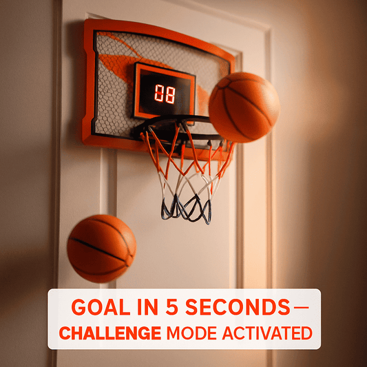 Orange mini door basketball hoop with electronic scorer display and hanging net