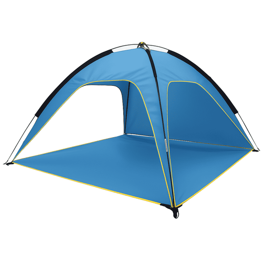 Blue beach tent with two large front openings and arched canopy, yellow trim