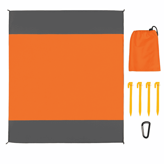Orange and gray foldable picnic blanket set with carry bag, stakes, and carabiner hook