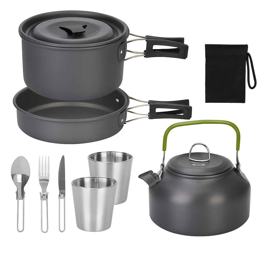 12-Piece Camping Cookware Set | Pot, Kettle, Pan & Cutlery | Anodized Aluminum | For 2–3 People