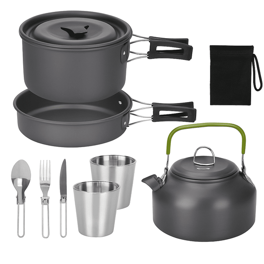 12-piece camping cookware set with dark anodized pots, kettle, cups, and folding utensils
