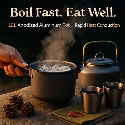 12-Piece Camping Cookware Set | Pot, Kettle, Pan & Cutlery | Anodized Aluminum | For 2–3 People