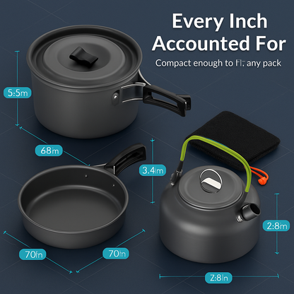 12-Piece Camping Cookware Set | Pot, Kettle, Pan & Cutlery | Anodized Aluminum | For 2–3 People