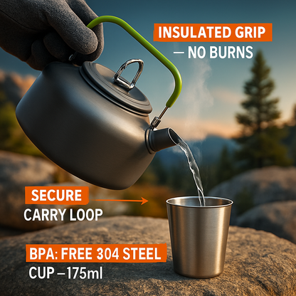12-Piece Camping Cookware Set | Pot, Kettle, Pan & Cutlery | Anodized Aluminum | For 2–3 People