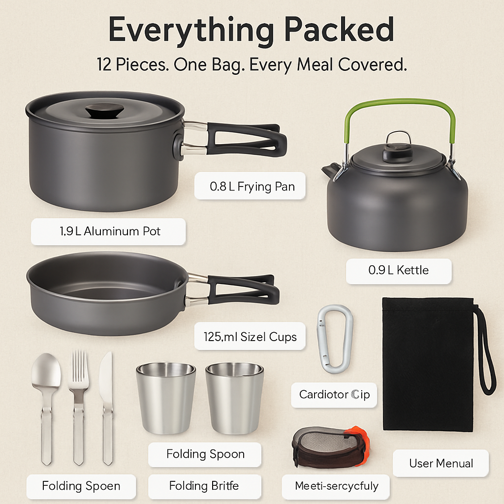 12-Piece Camping Cookware Set | Pot, Kettle, Pan & Cutlery | Anodized Aluminum | For 2–3 People