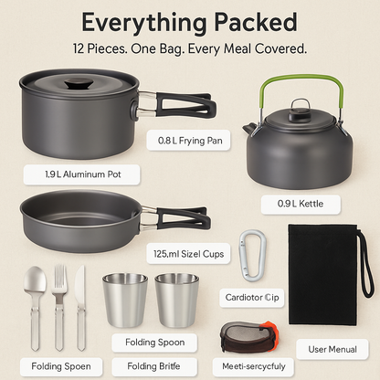 12-Piece Camping Cookware Set | Pot, Kettle, Pan & Cutlery | Anodized Aluminum | For 2–3 People