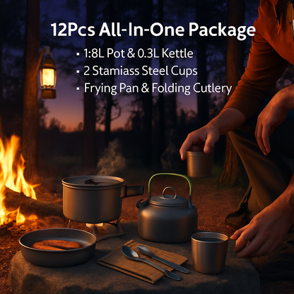 12-Piece Camping Cookware Set | Pot, Kettle, Pan & Cutlery | Anodized Aluminum | For 2–3 People