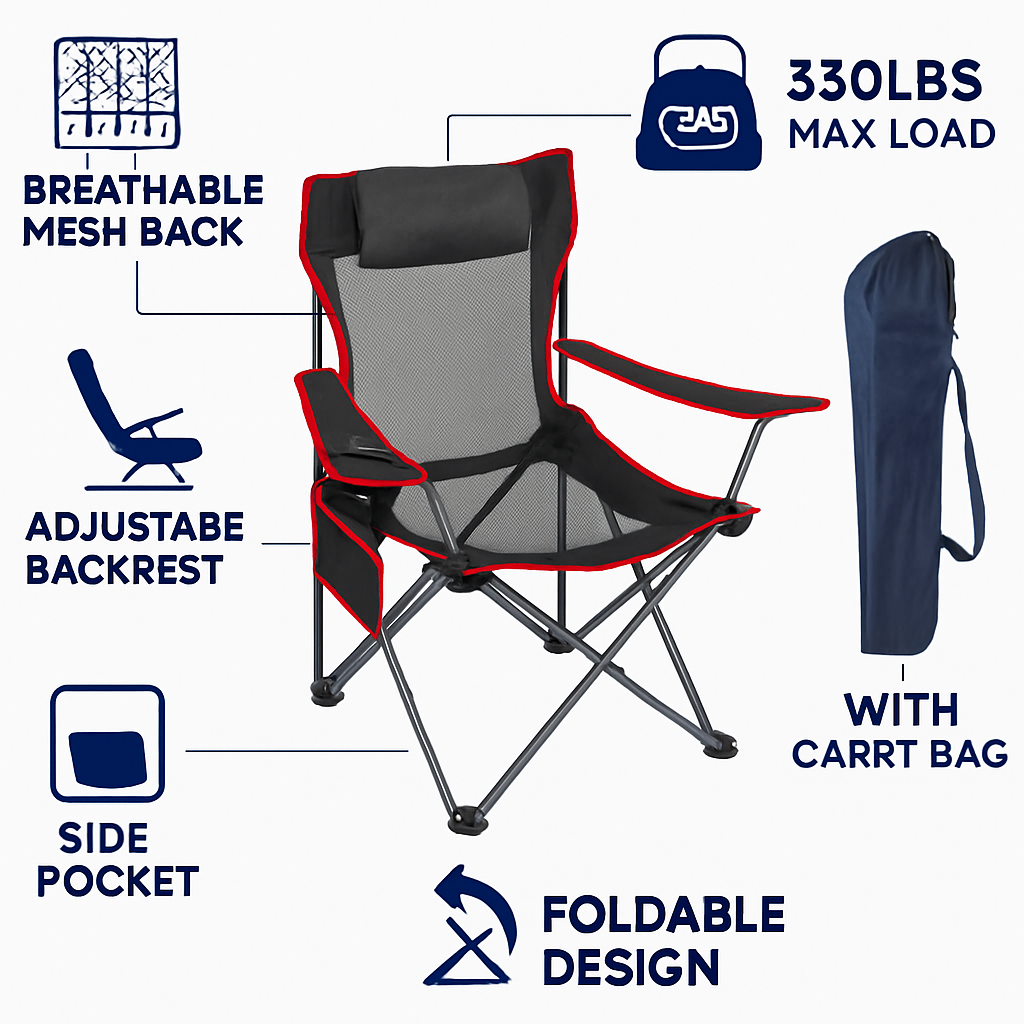 Foldable Camping Chair | 330 lb Capacity | Mesh Back | Reclining + Pillow | Cup Holder | Black or Blue