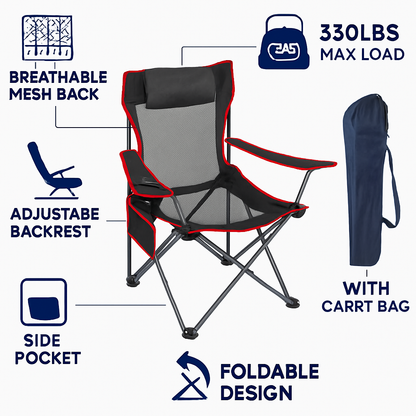 Foldable Camping Chair | 330 lb Capacity | Mesh Back | Reclining + Pillow | Cup Holder | Black or Blue