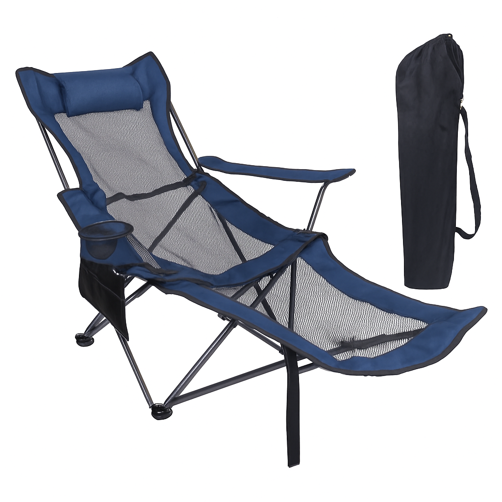 Foldable Camping Chair | 330 lb Capacity | Mesh Back | Reclining + Pillow | Cup Holder | Black or Blue