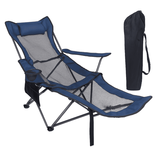 Blue foldable camping chair with mesh back, padded headrest, cup holder, and armrests