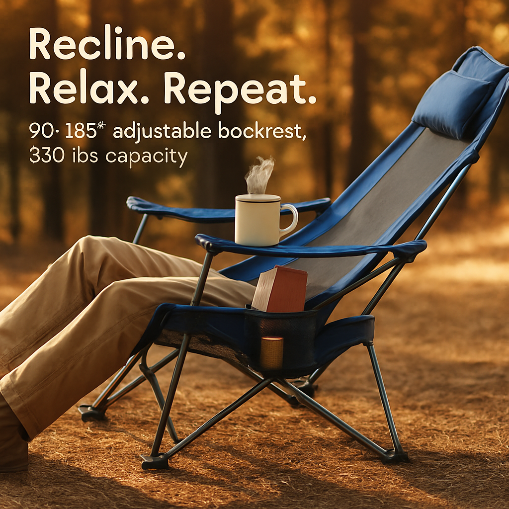 Foldable Camping Chair | 330 lb Capacity | Mesh Back | Reclining + Pillow | Cup Holder | Black or Blue