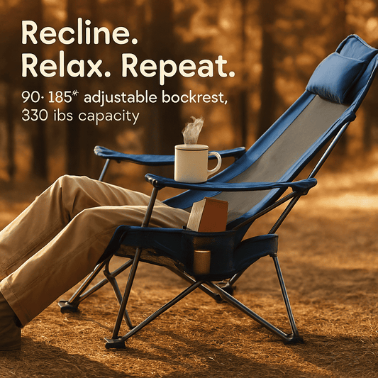 Blue reclining camping chair with padded headrest and cup holder