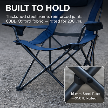Foldable Camping Chair | 330 lb Capacity | Mesh Back | Reclining + Pillow | Cup Holder | Black or Blue