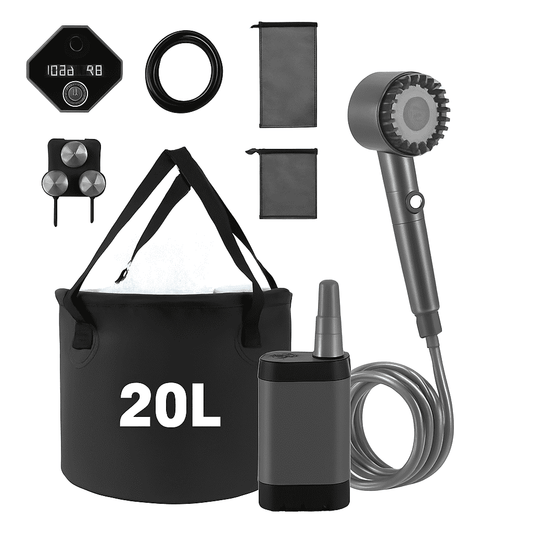 Portable camping shower kit with 20L foldable bucket, pump, hose, and shower head