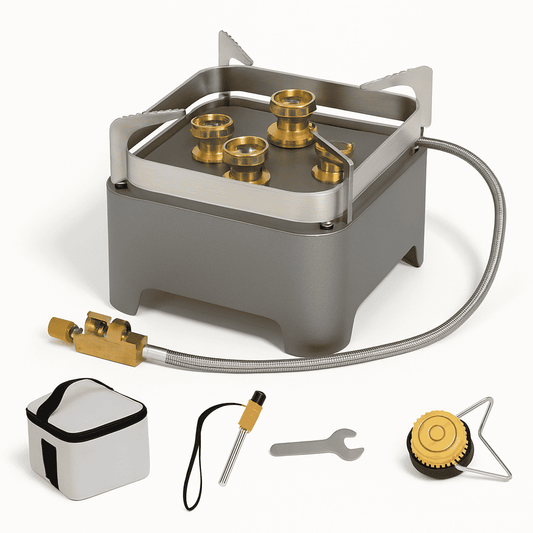 Portable camping stove with brass burners, metal wind guards, and flexible gas hose