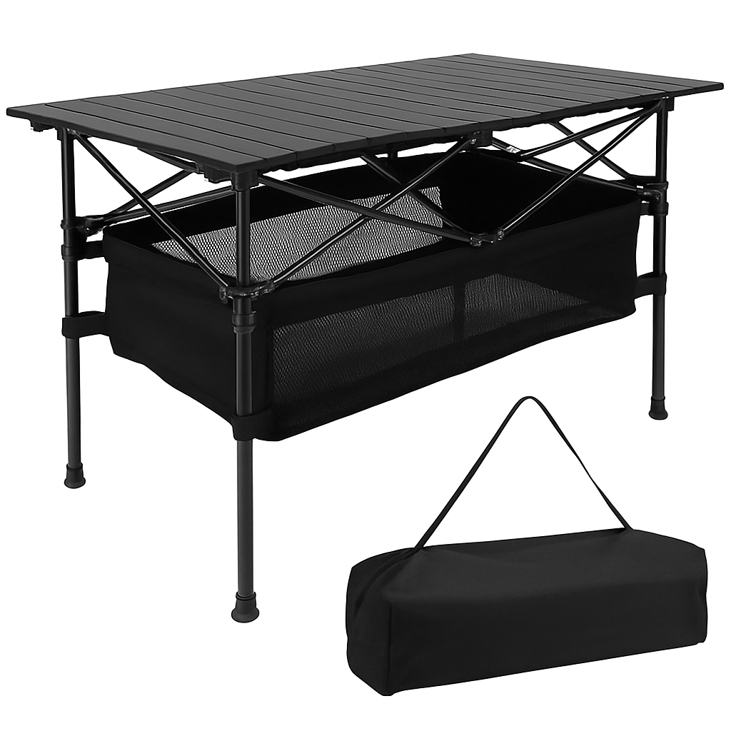 Folding Camping Table | Aluminum Top | 220 lb Capacity | Mesh Basket | Roll-Up | LakeForest | Black