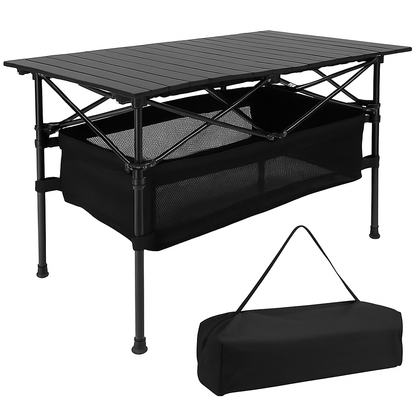 Folding Camping Table | Aluminum Top | 220 lb Capacity | Mesh Basket | Roll-Up | LakeForest | Black