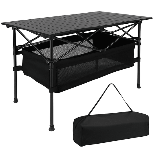 Black folding camping table with aluminum slat top, mesh basket, and carry bag
