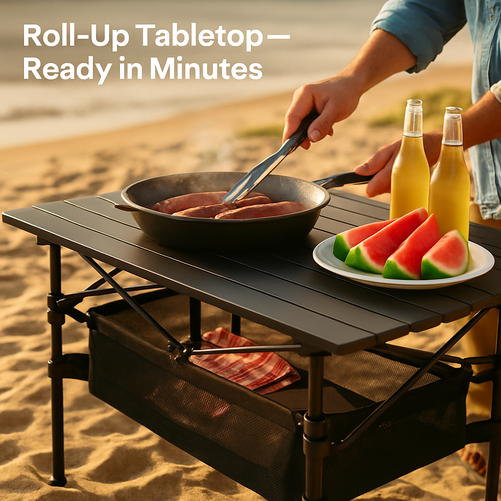 Folding Camping Table | Aluminum Top | 220 lb Capacity | Mesh Basket | Roll-Up | LakeForest | Black