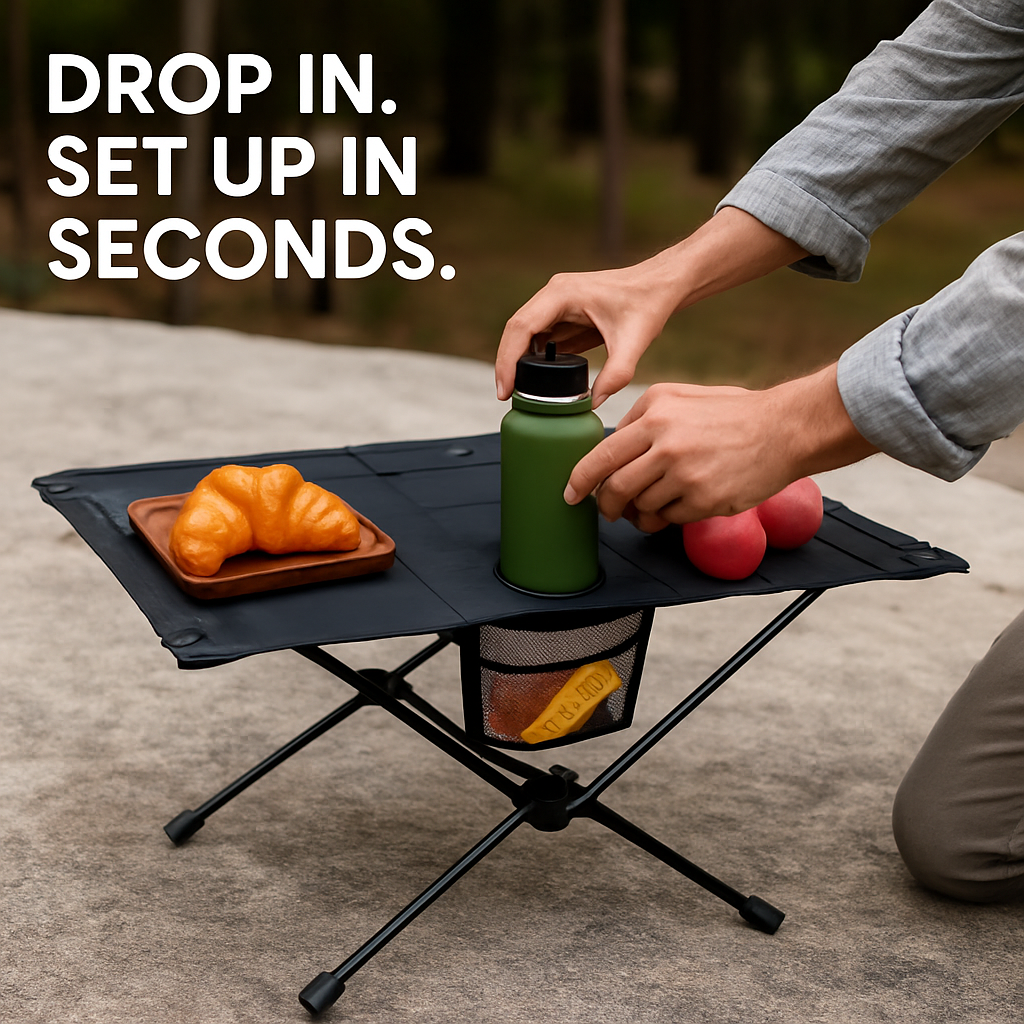 Compact Folding Camping Table | Aluminum Alloy | Cup Holders & Pockets | 695g | LakeForest | Black