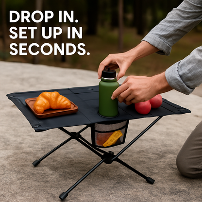 Compact Folding Camping Table | Aluminum Alloy | Cup Holders & Pockets | 695g | LakeForest | Black