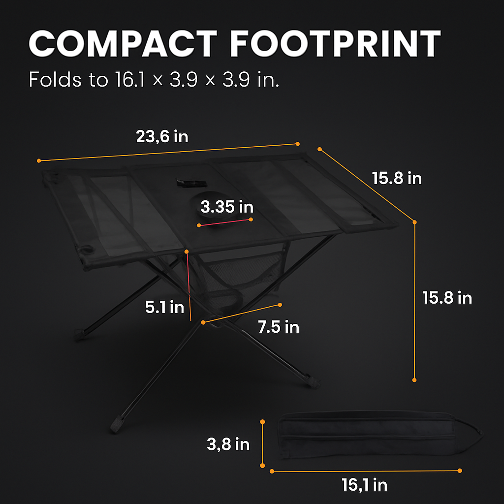 Compact Folding Camping Table | Aluminum Alloy | Cup Holders & Pockets | 695g | LakeForest | Black