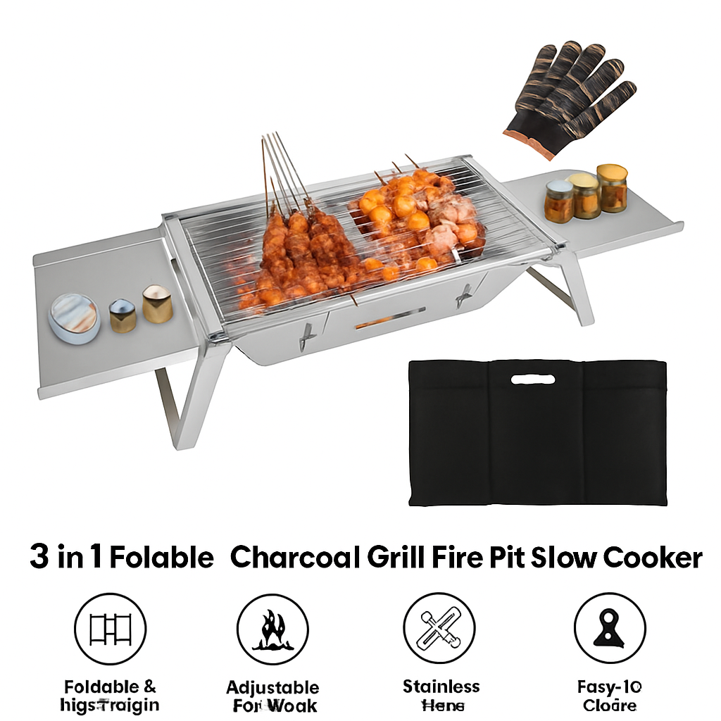 3-in-1 Foldable Charcoal Grill for Camping & Tailgating