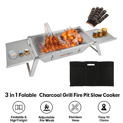 3-in-1 Foldable Charcoal Grill for Camping & Tailgating