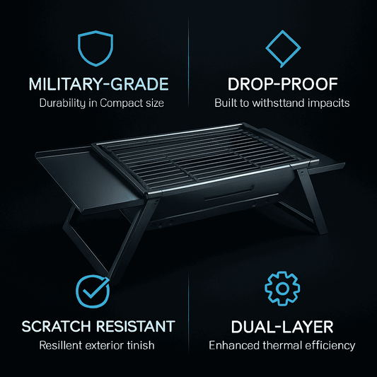 Foldable charcoal grill with dark metal frame, raised legs, and square cooking grate