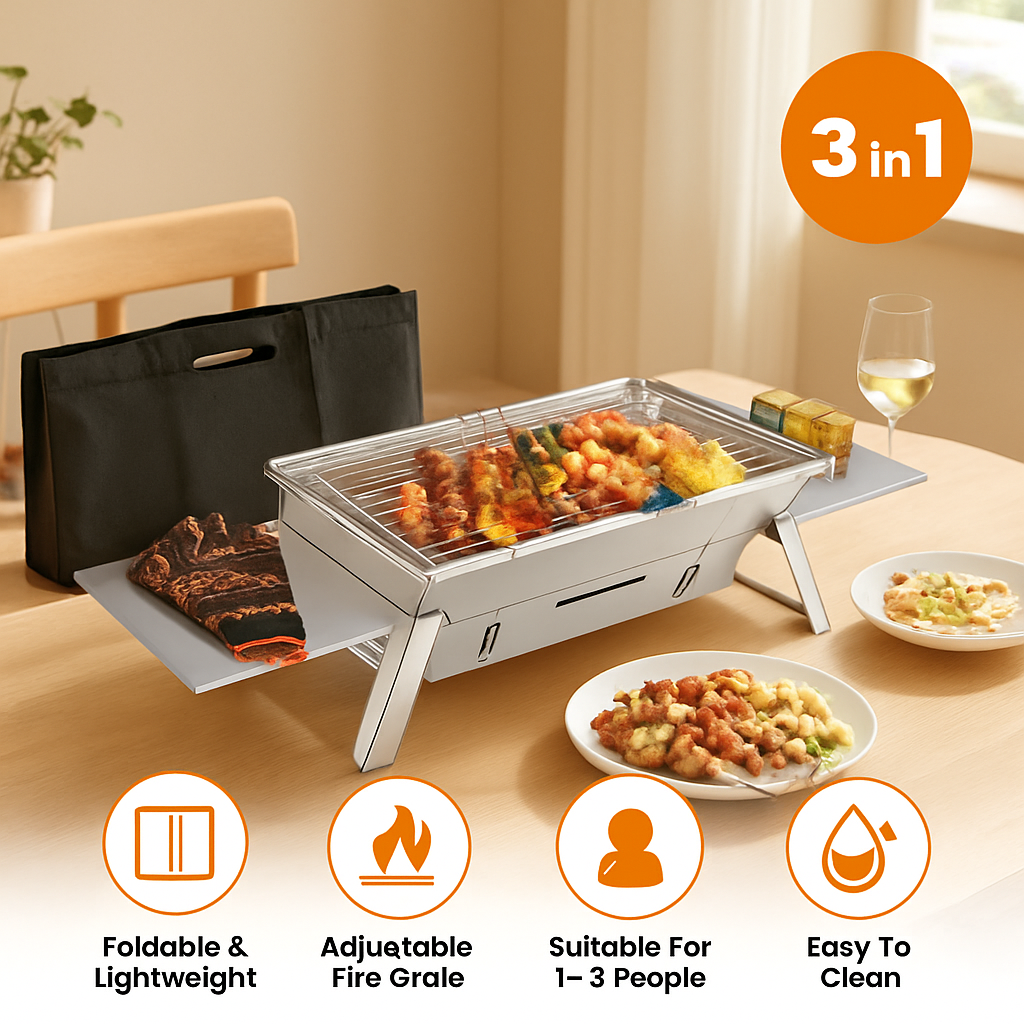 3-in-1 Foldable Charcoal Grill for Camping & Tailgating