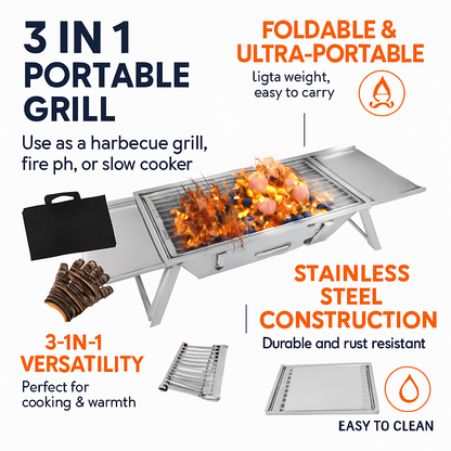 3-in-1 Foldable Charcoal Grill for Camping & Tailgating