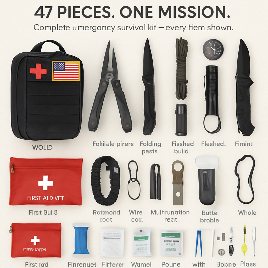 LakeForest 47-Piece Emergency Survival Kit – Camping, Hiking & Disaster Preparedness | Compact Oxford Pouch